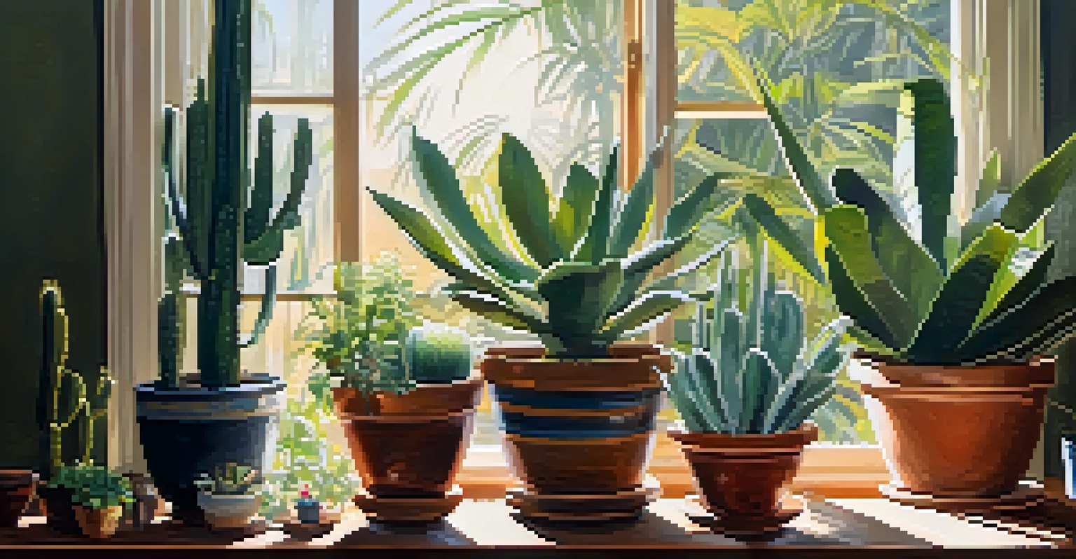 A serene indoor garden scene with various plants, including a leafy tropical plant and a cactus, thriving in sunlight. The light casts gentle shadows on a wooden table.