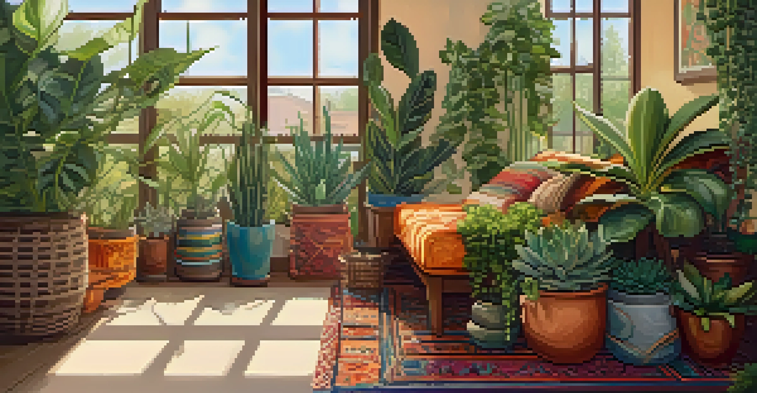 A vibrant bohemian-style corner with various indoor plants and colorful textiles.
