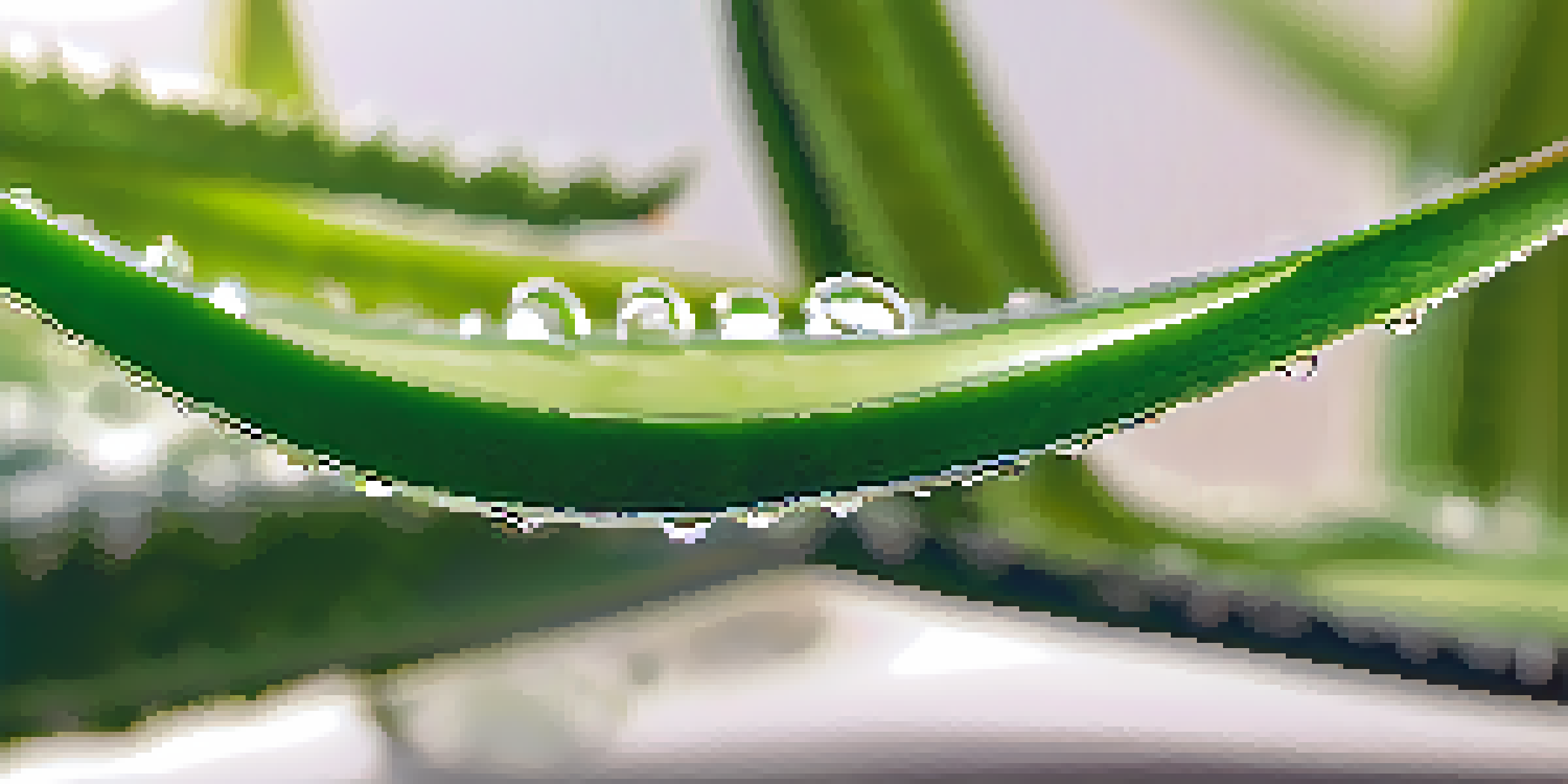A close-up of a sliced aloe vera leaf revealing its gel, with blurred tropical plants in the background.
