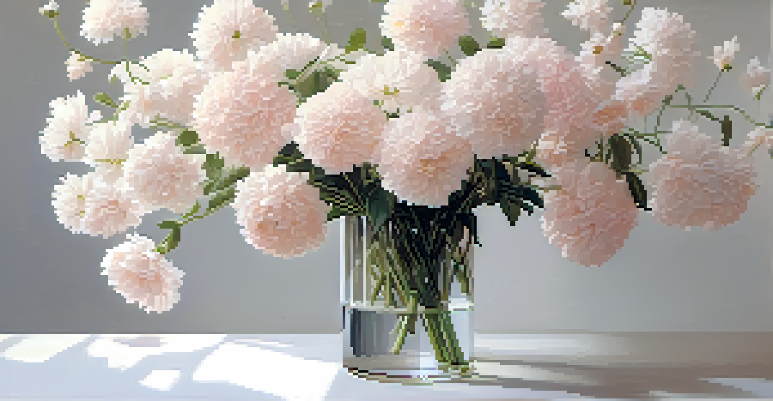 A minimalist floral arrangement in white and pale pink in a short vase, emphasizing form and elegance under soft natural light.