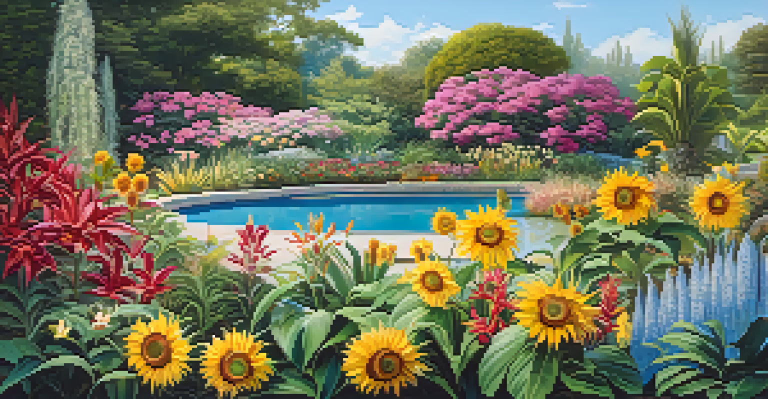 A vibrant botanical garden filled with blooming flowers and lush greenery under a clear blue sky.
