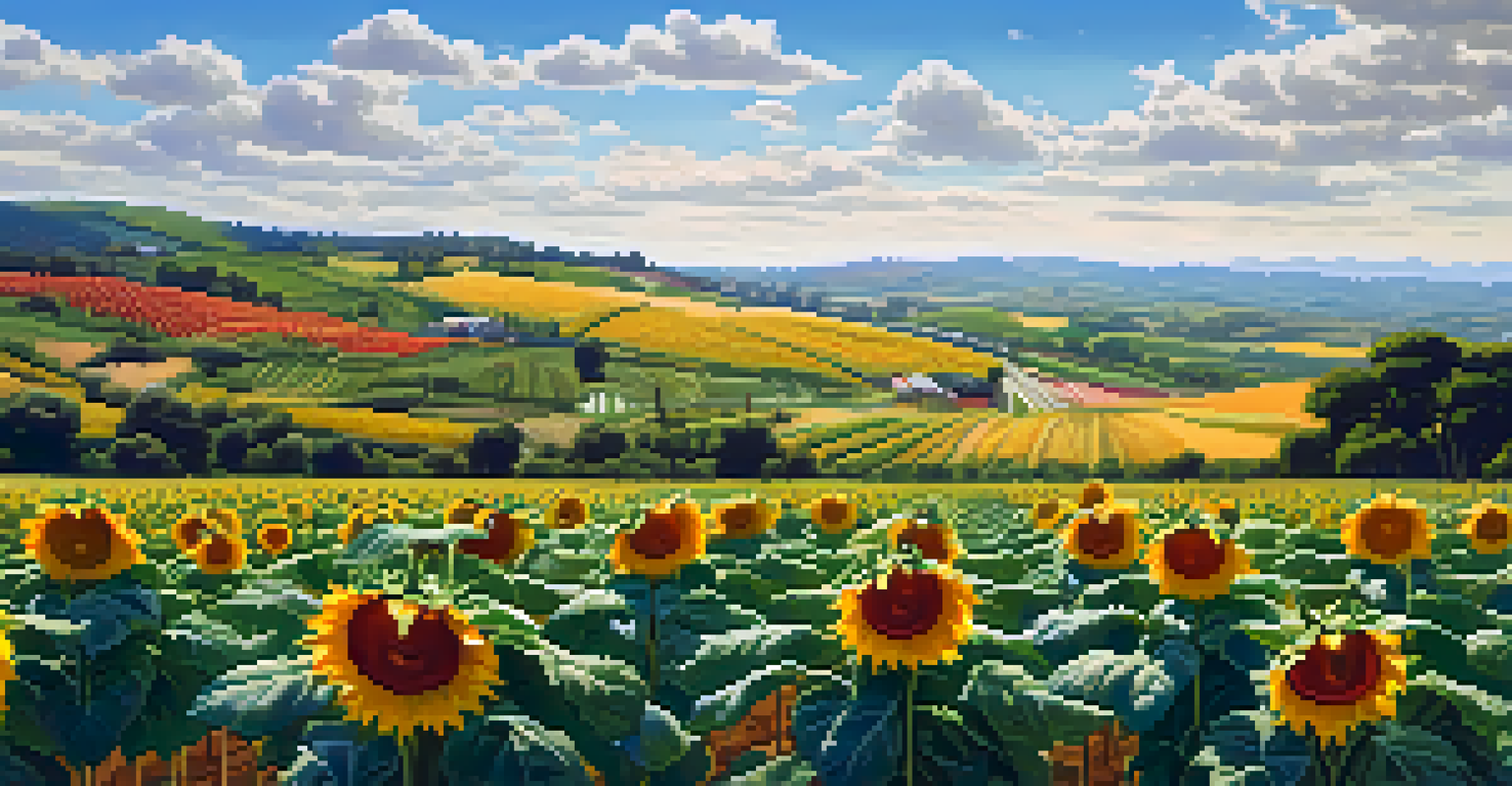 A lush green field with rows of diverse crops under a clear blue sky.