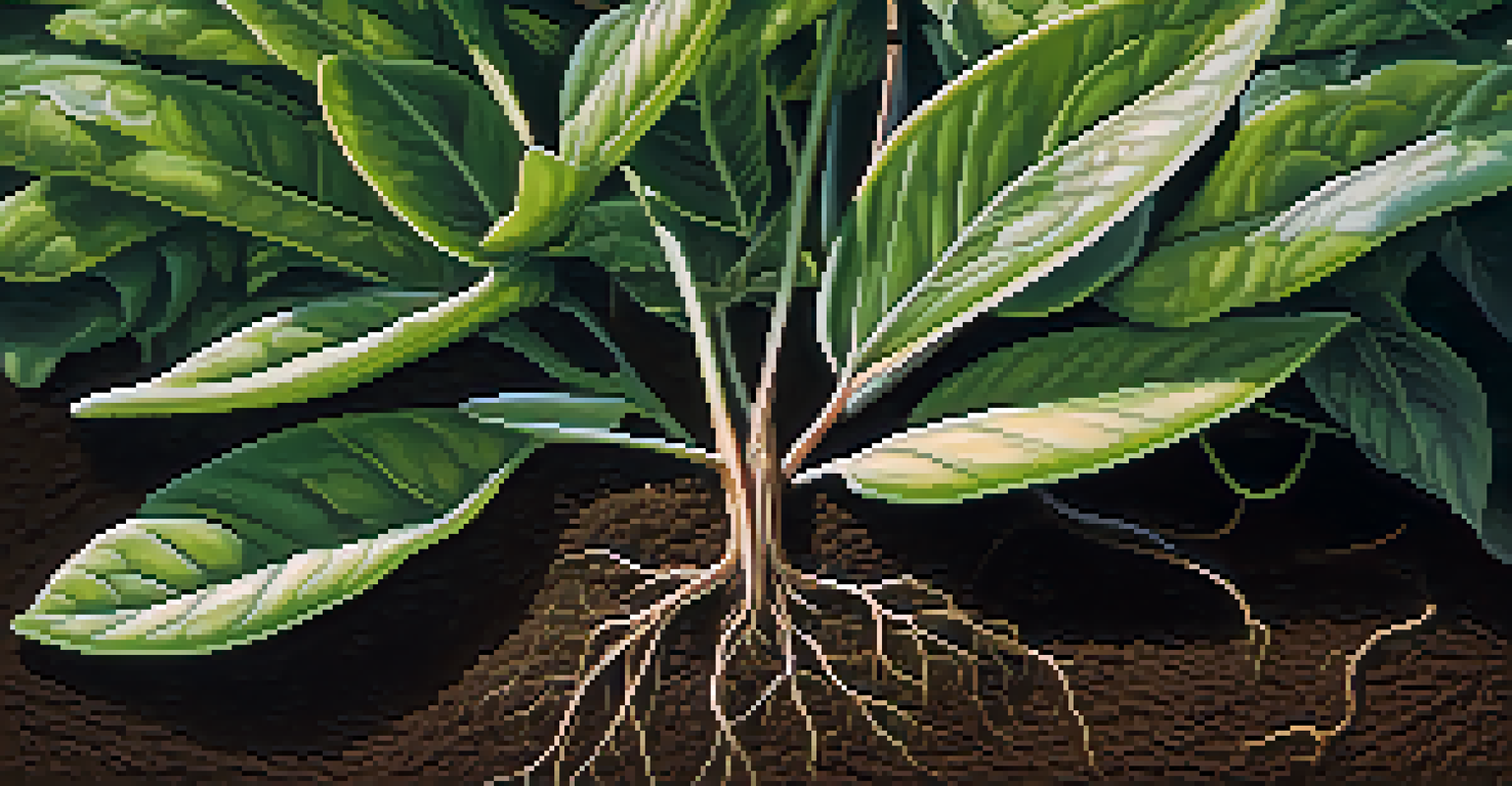 A close-up of a plant branch being layered into the soil, with visible roots developing and new green leaves emerging.