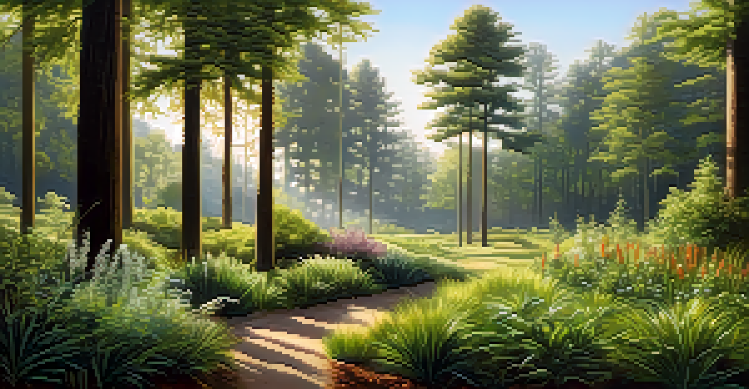 A peaceful landscape showing different types of plants, including tall trees with woody stems in the foreground and soft green herbaceous plants in the background, all illuminated by warm sunlight.