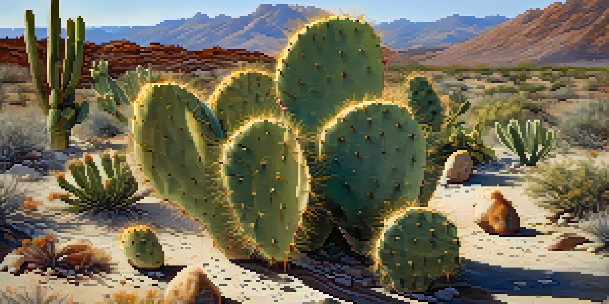 A desert landscape with prickly pear cacti that blend into the rocky terrain, featuring warm colors and textures of the desert.