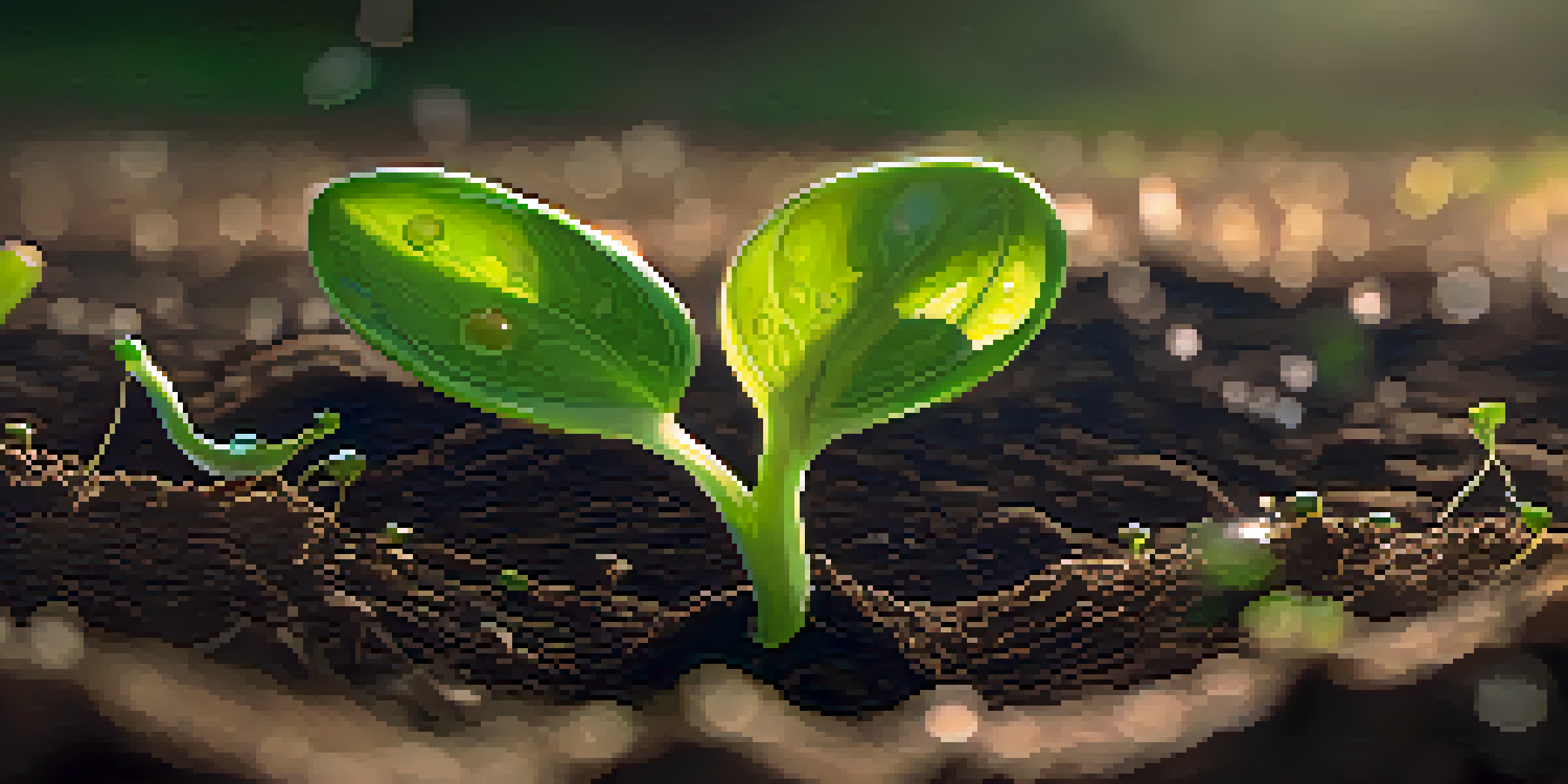 A close-up of a germinating seed with roots emerging from the soil, illuminated by gentle sunlight.