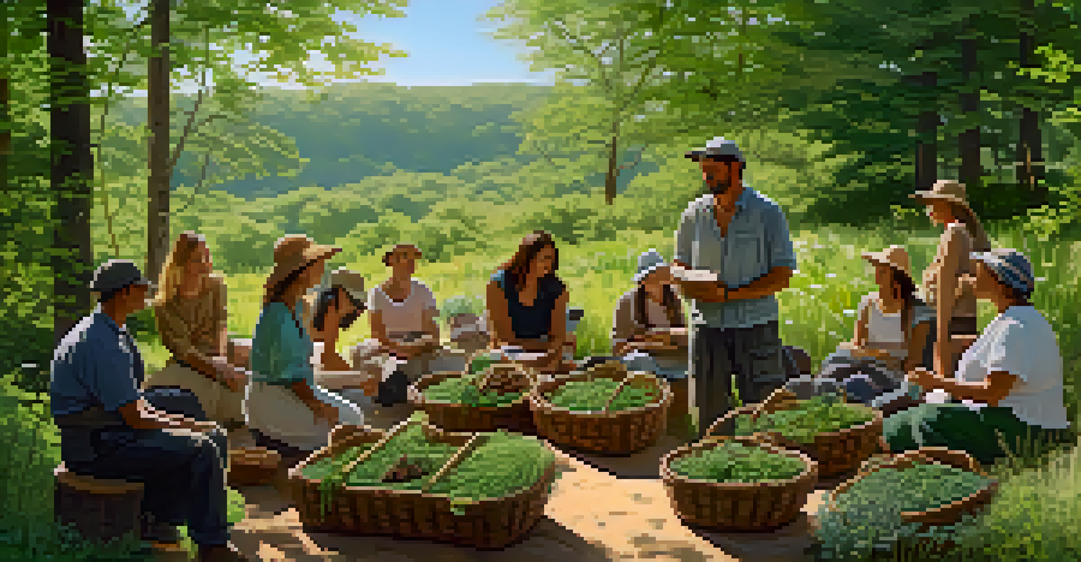 A diverse group of people participating in a workshop about sustainable wild harvesting techniques in a lush outdoor setting.