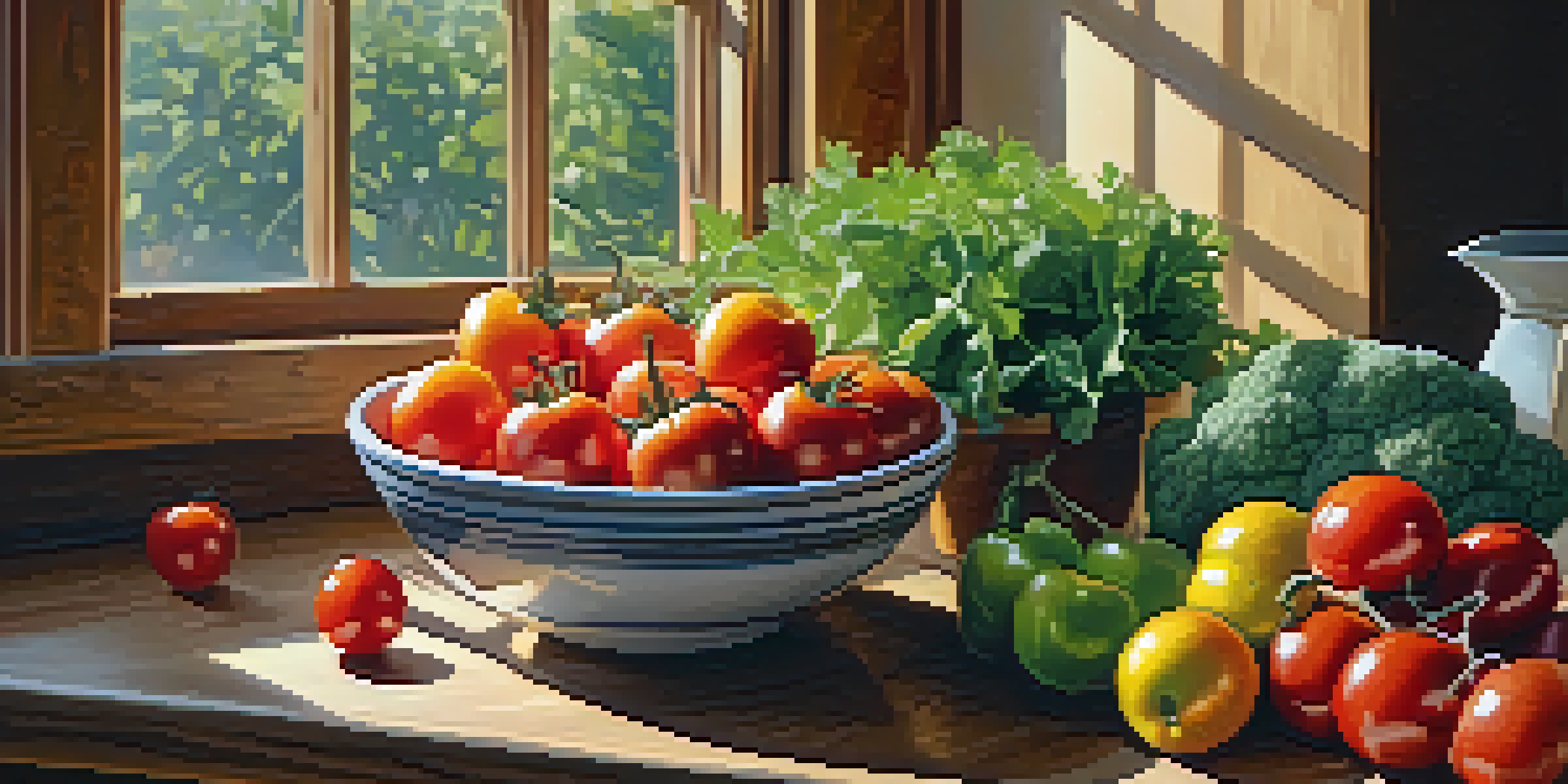 A bright kitchen filled with fresh fruits and vegetables on a wooden table, with a bowl of quinoa salad in the foreground.