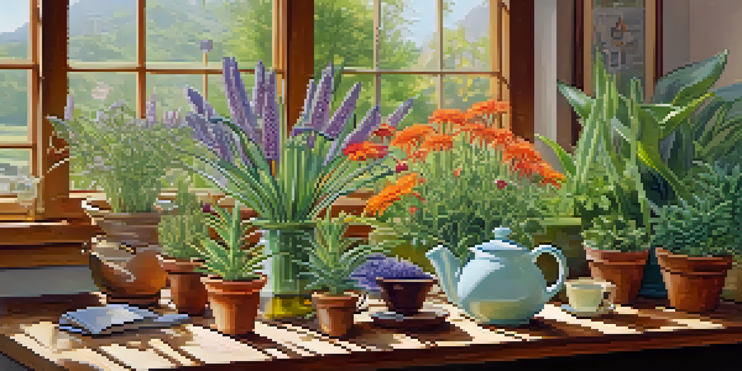 A peaceful garden with various medicinal plants such as Aloe Vera, Lavender, and Echinacea, complemented by a cup of peppermint tea on a wooden table.