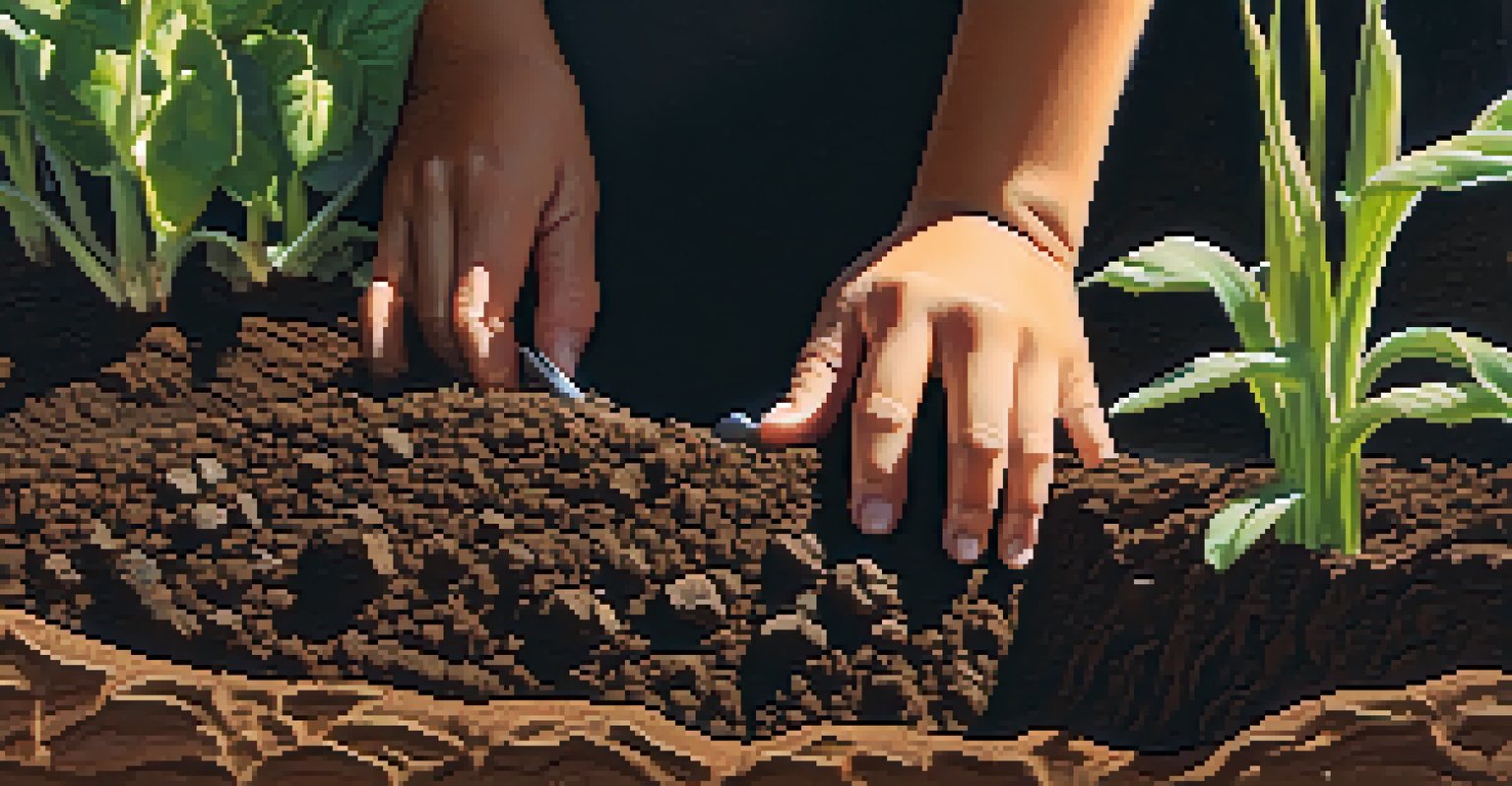 A close-up of a hand digging in rich soil revealing healthy roots, symbolizing soil health and nutrients.