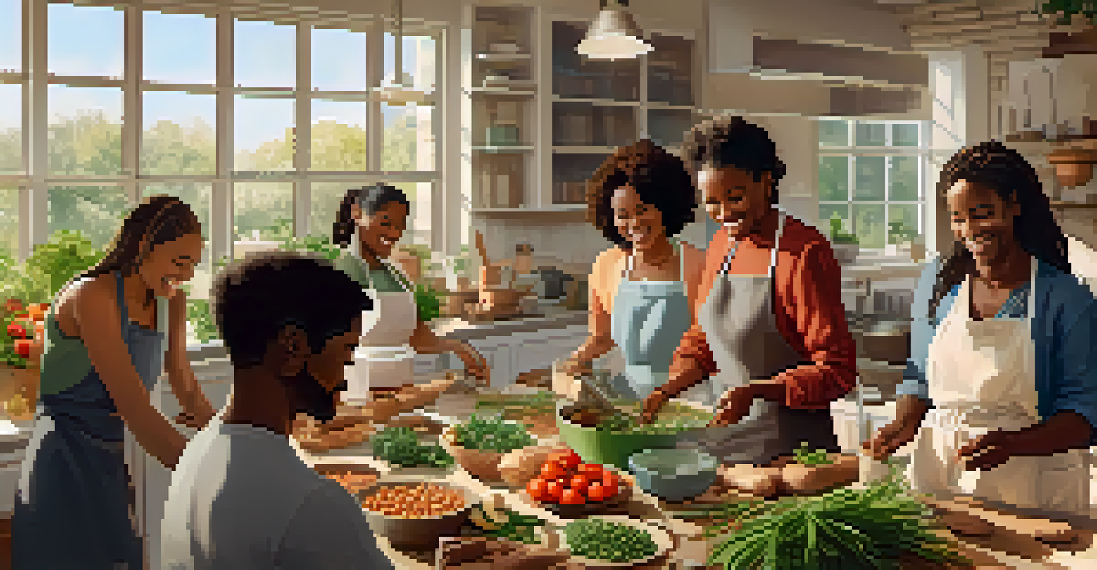 A group of people participating in a community cooking class, preparing plant-based dishes together in a sunlit kitchen.