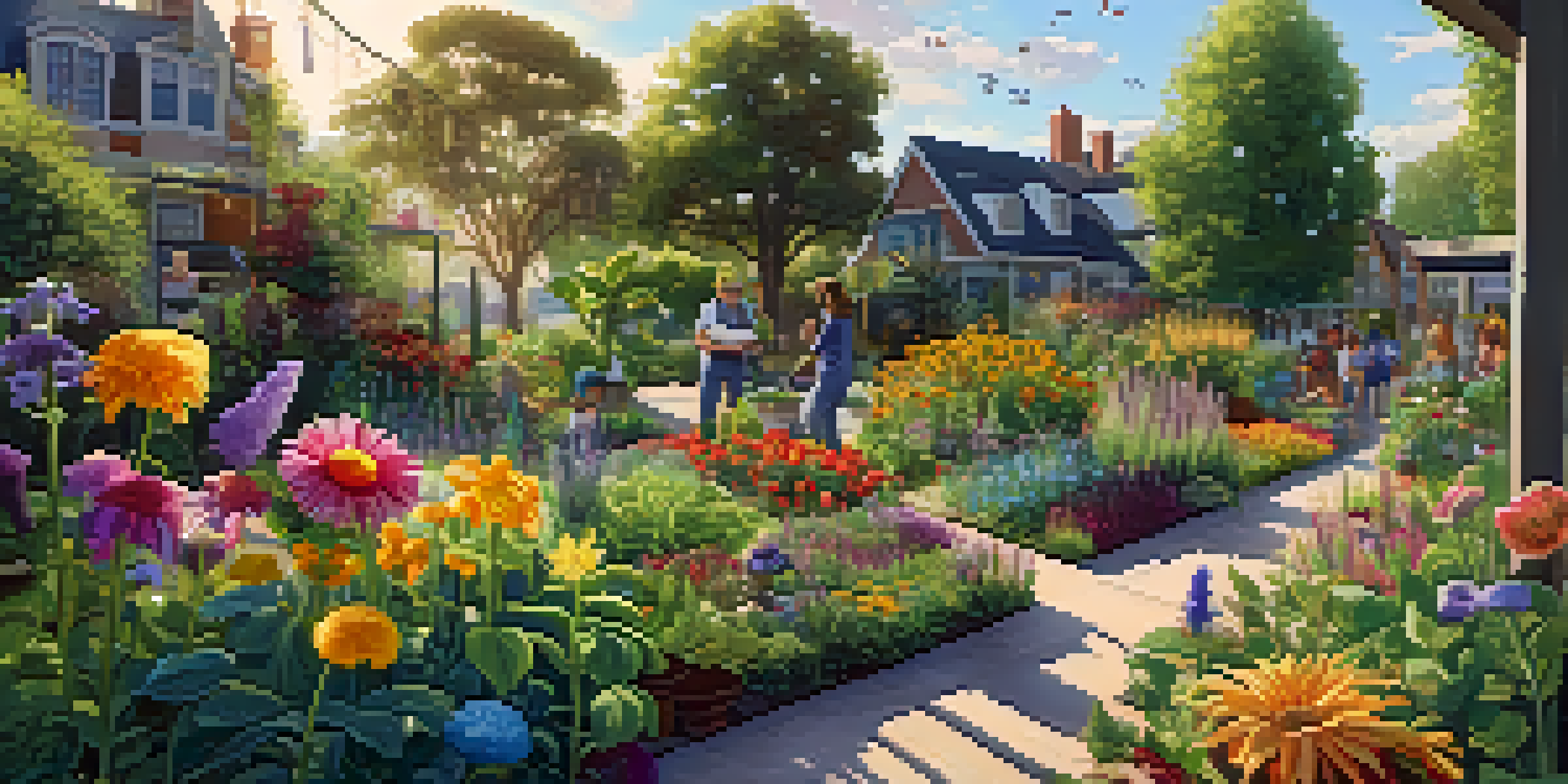 A lively urban garden with diverse plants, butterflies, and bees, and people gardening under sunlight.