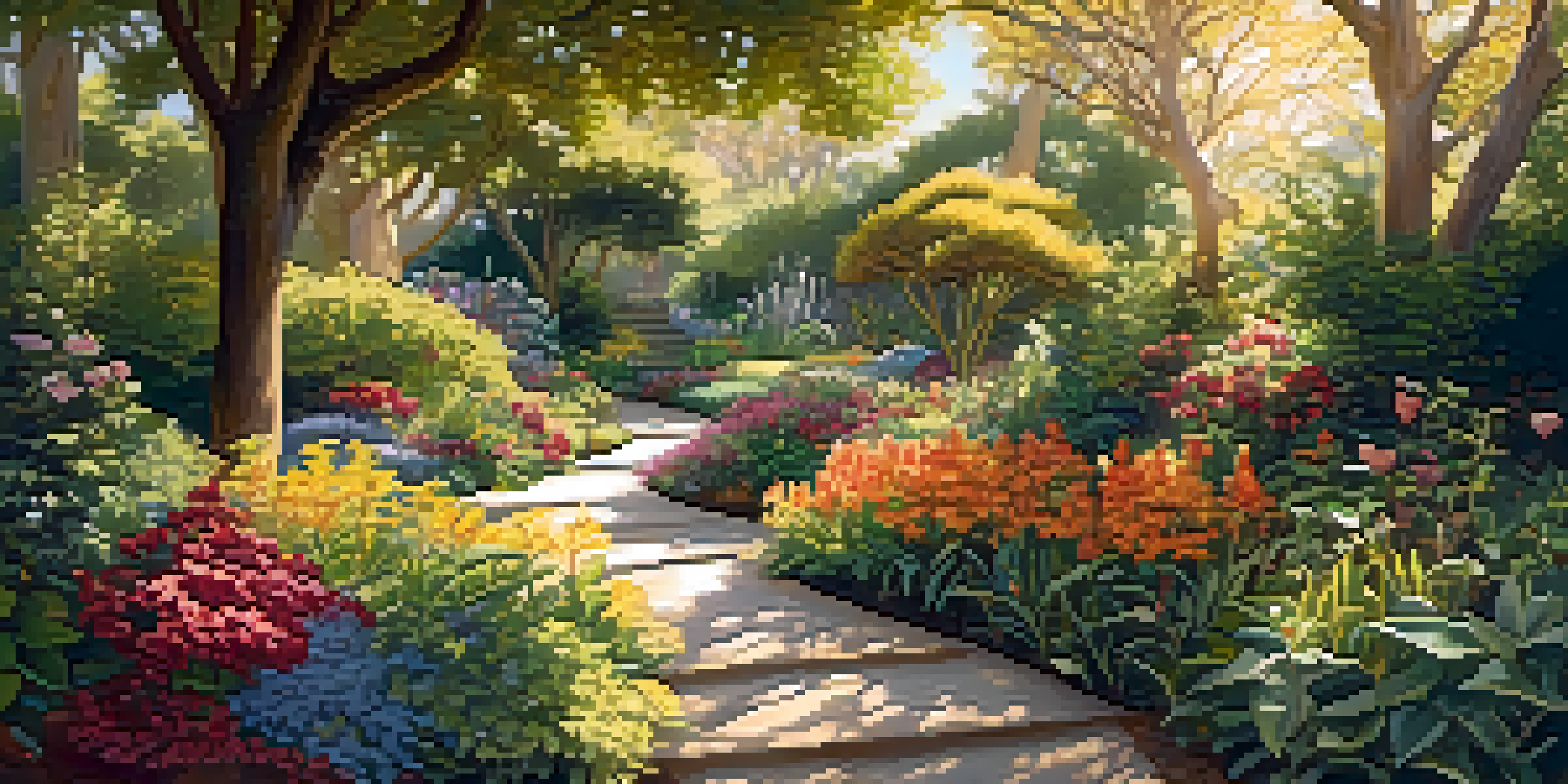 A colorful garden filled with various plant species illuminated by sunlight, featuring a winding path.