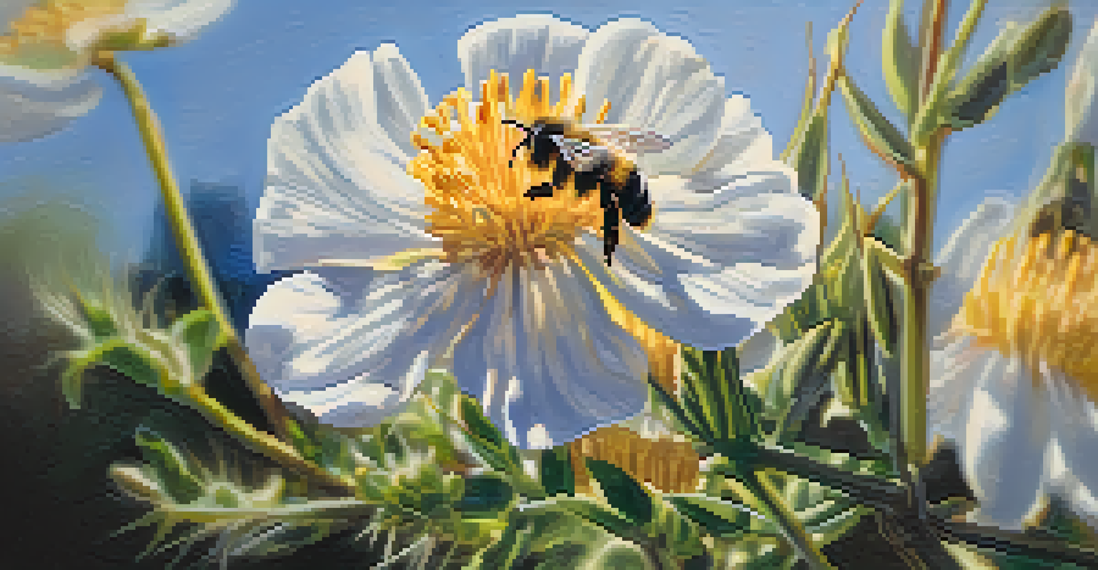 A close-up of a blooming native flower with a bee collecting nectar, showcasing the delicate petals and the bee's fuzzy body in soft sunlight.