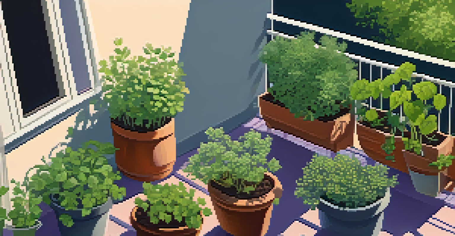 A balcony herb garden with pots of oregano, chives, and cilantro arranged in a colorful layout.
