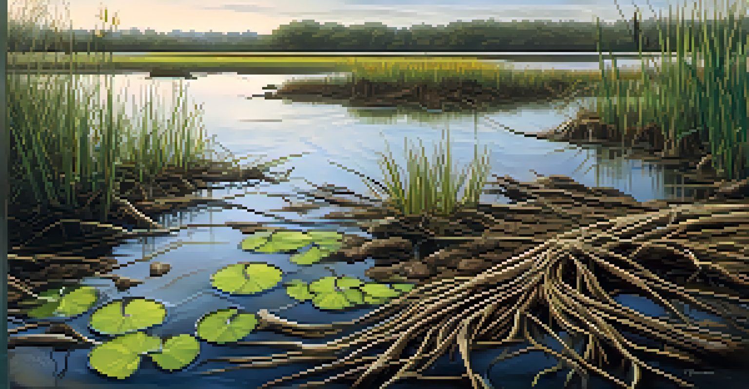 Close-up of wetland plants' roots in water with fish visible among them.