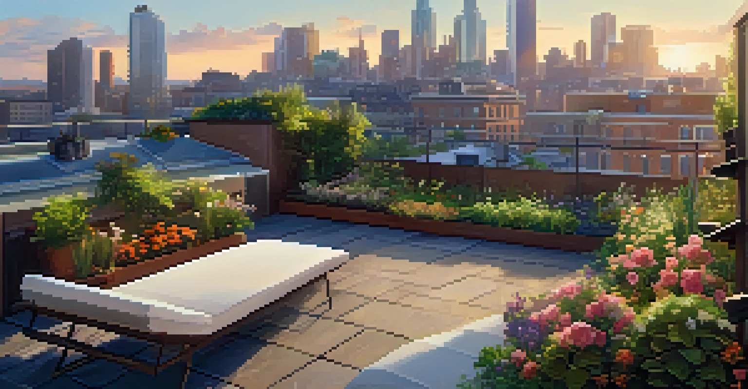 A rooftop garden with plants and flowers overlooking a city skyline during golden hour.