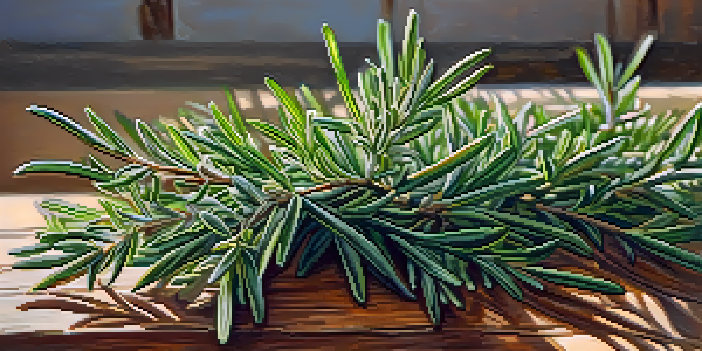 Close-up of fresh rosemary sprigs with dew in morning light on a rustic wooden table.