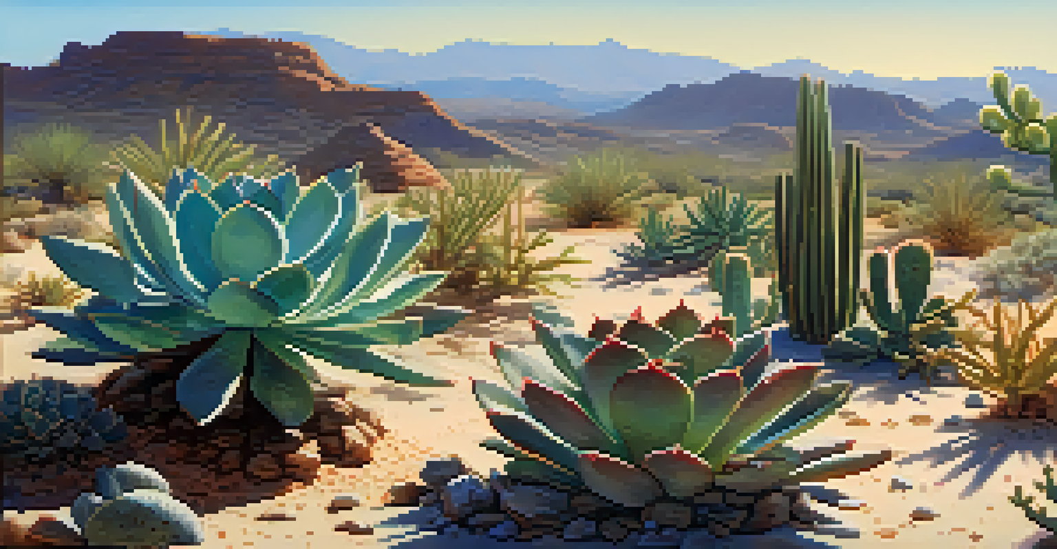 A desert scene with a cluster of succulents under a blue sky, set against sandy soil and small rocks.