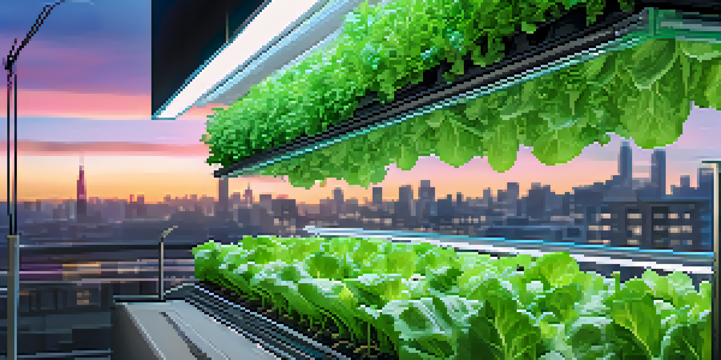 A vertical hydroponic garden with green lettuce and herbs illuminated by bright lights, showcasing a modern urban skyline in the background.