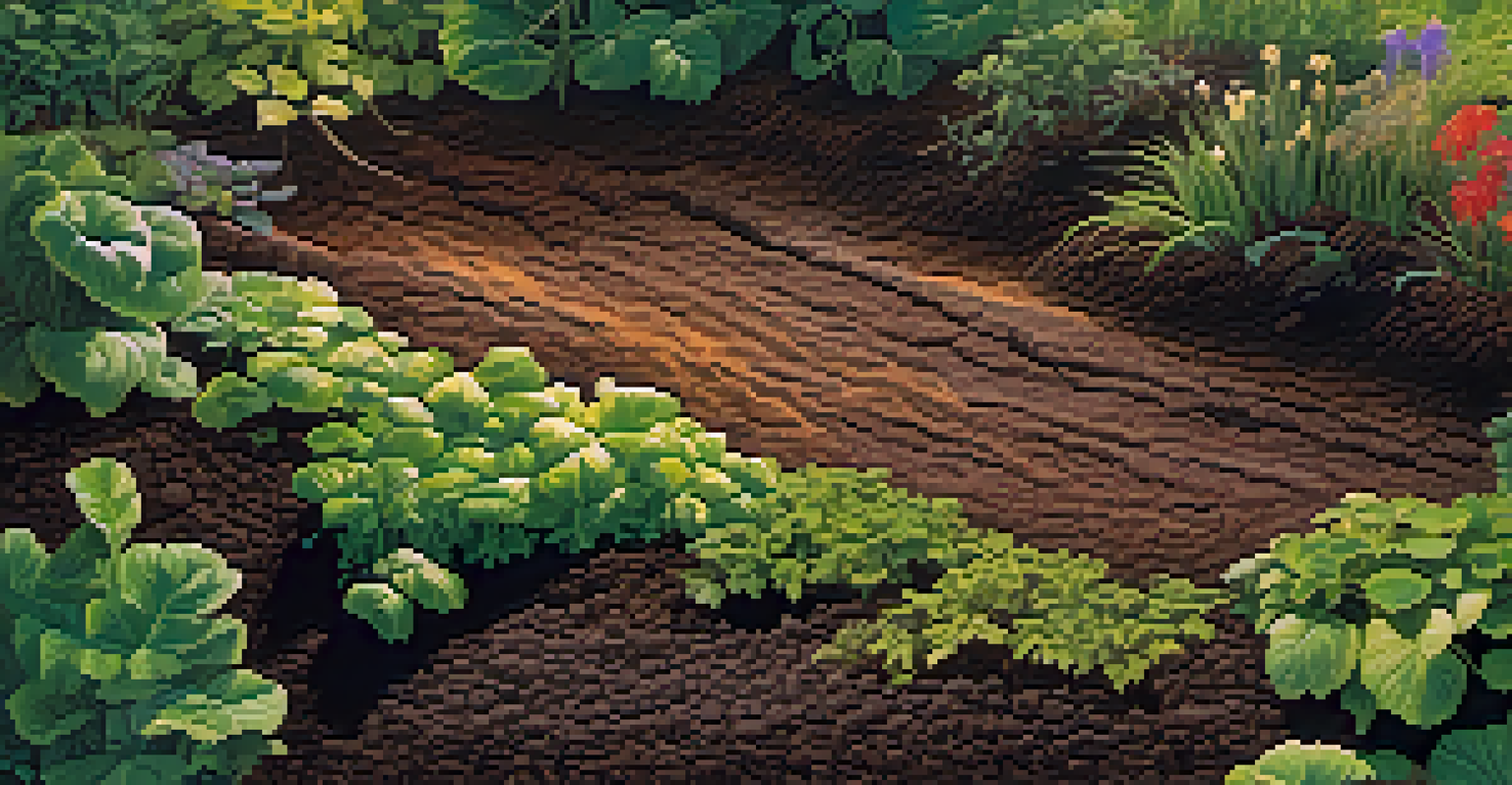 A close-up of healthy soil in a permaculture garden, displaying roots, microorganisms, and vibrant soil layers illuminated by sunlight.