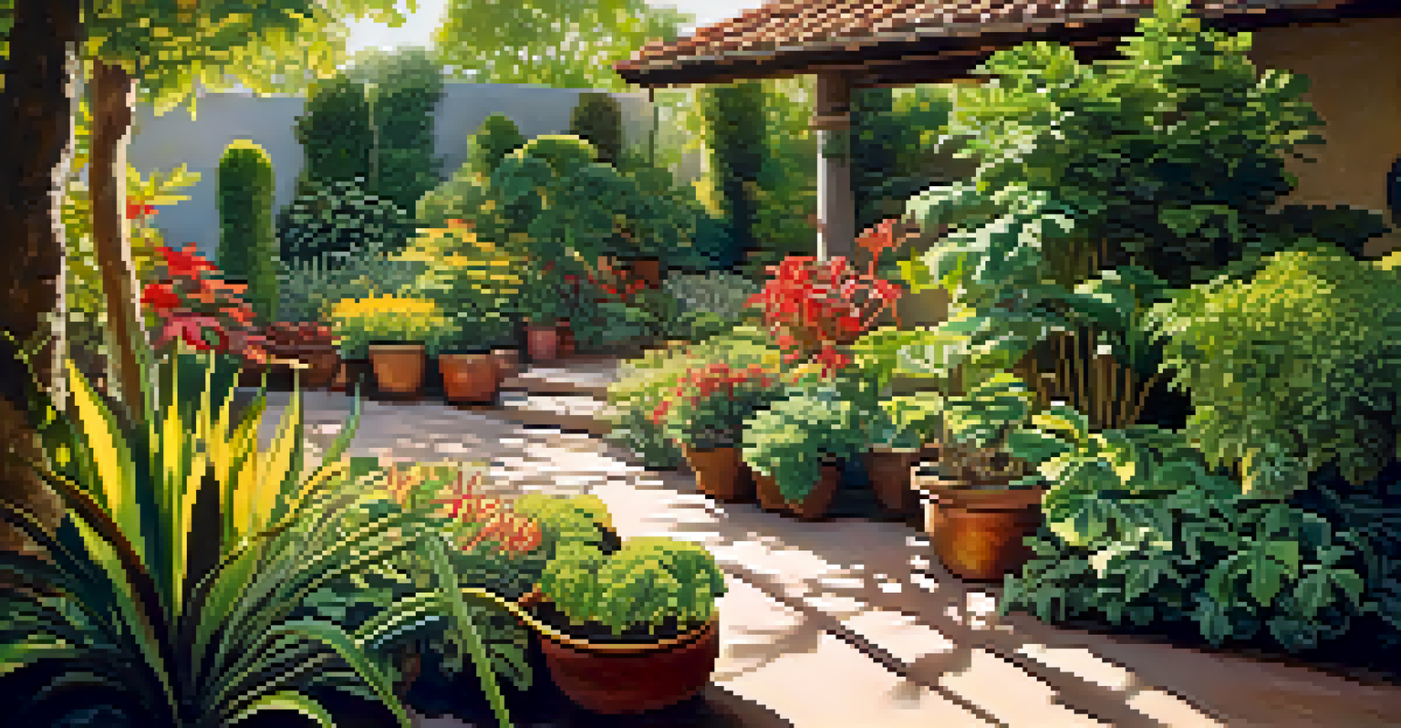 A garden with various plants under sunlight, showcasing different stages of growth.