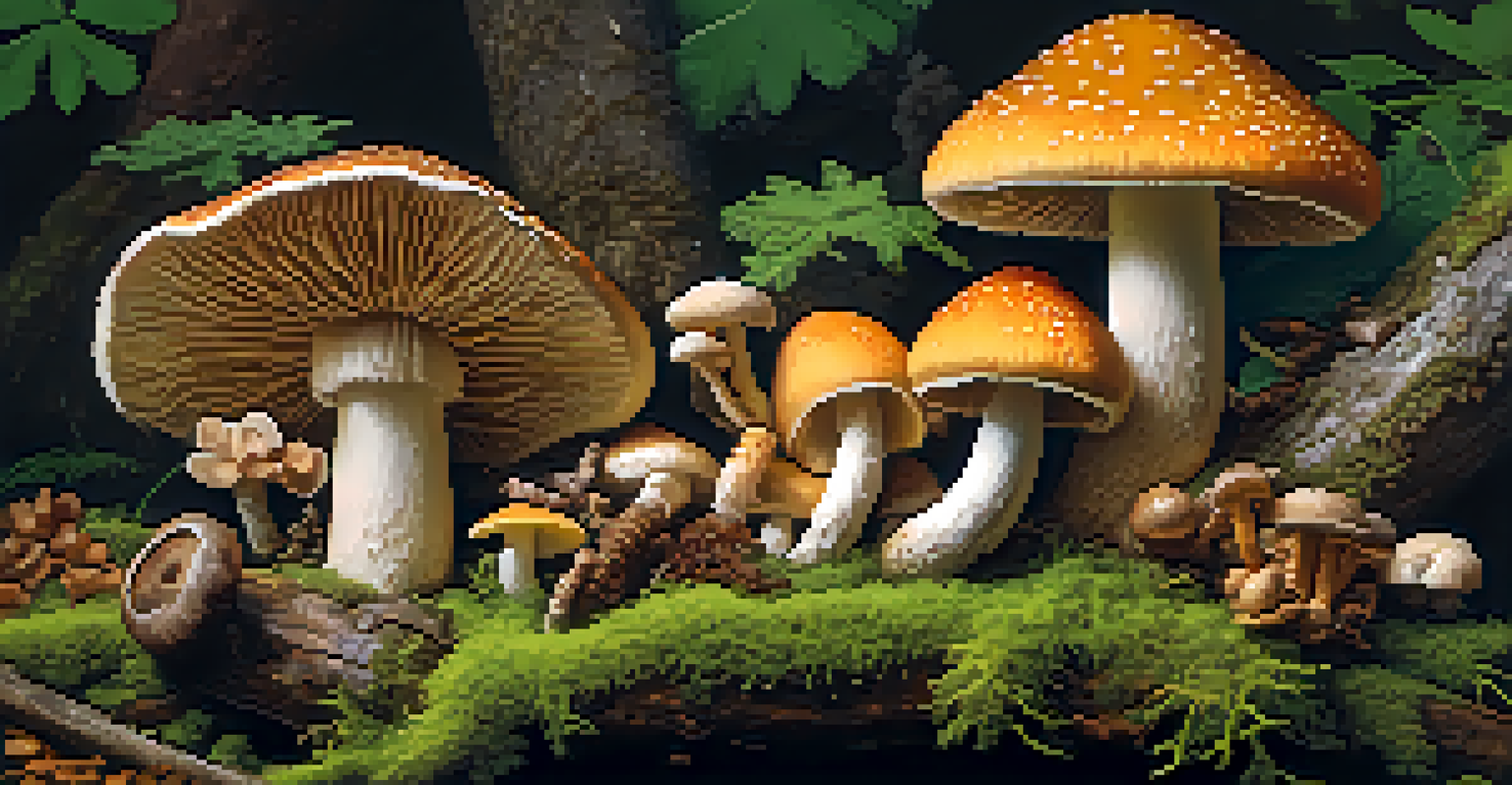 A close-up of wild mushrooms on a moss-covered log, highlighting edible varieties like morels and chanterelles in a lush forest setting.