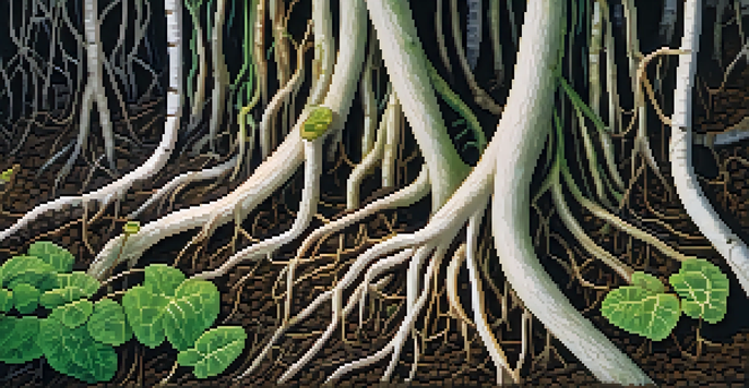 A close-up of plant roots with mycorrhizal fungi, showing the fungi's intricate structure and healthy green leaves above.