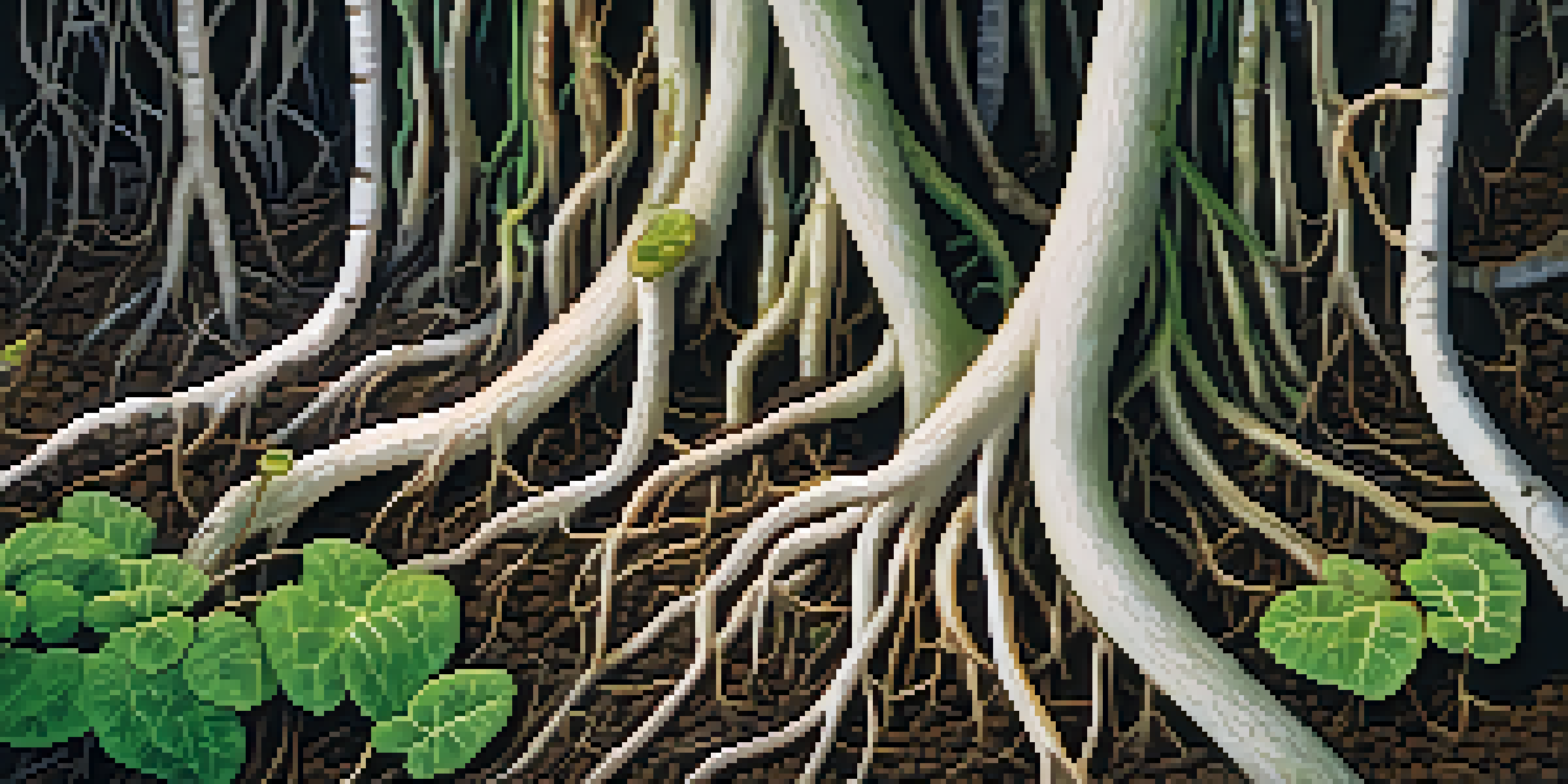 A close-up of plant roots with mycorrhizal fungi, showing the fungi's intricate structure and healthy green leaves above.