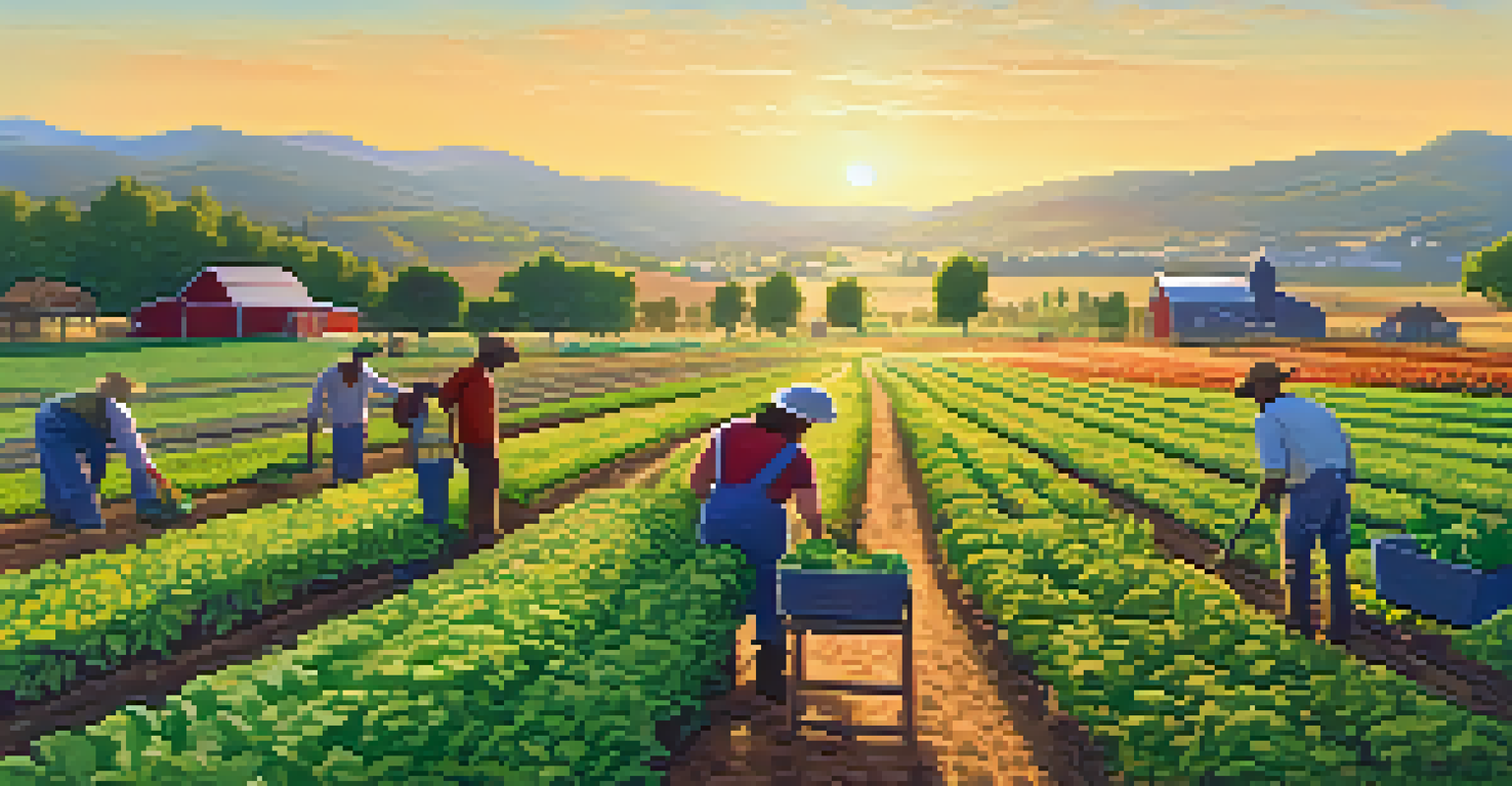 A sustainable farm scene with community gardeners and healthy crops under a bright sky, showcasing the importance of soil health.