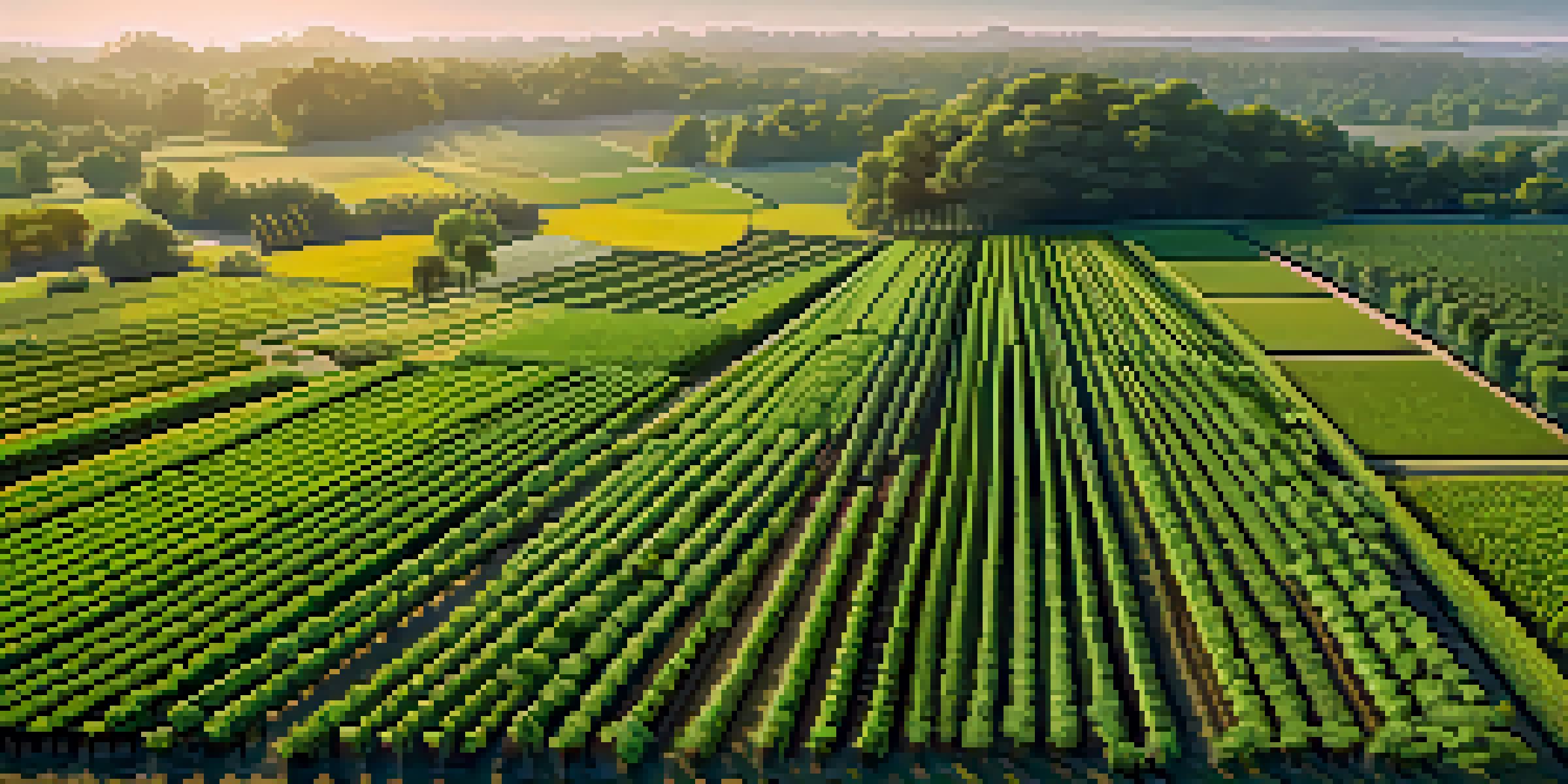An aerial view of a green agricultural field with rows of crops and drones above.