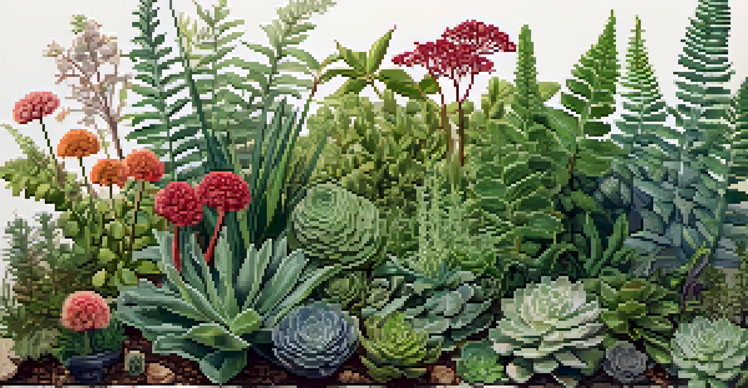 An intricate botanical illustration of various native plants, including ferns and wildflowers, on textured paper.