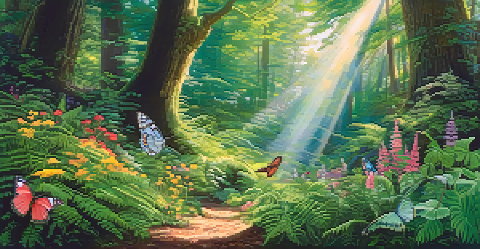 A serene forest with diverse trees and blooming flowers, filled with butterflies and sunlight.