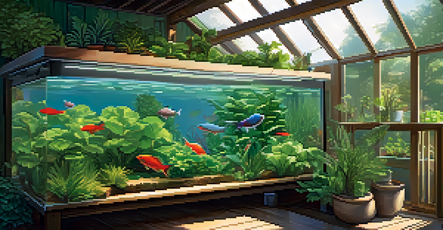 An aquaponics system in a backyard with tilapia in a fish tank and thriving leafy greens above, bathed in sunlight.