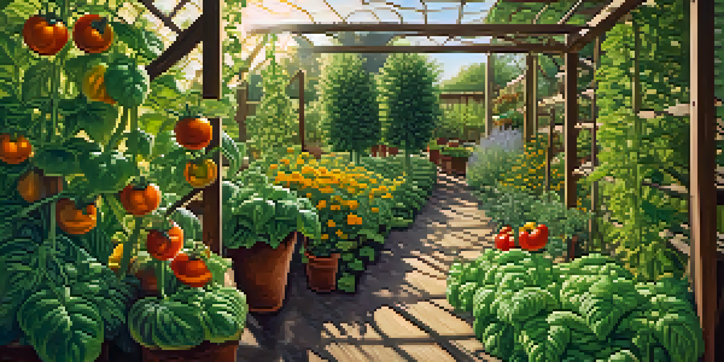 A colorful garden scene with tomato plants and basil growing together, illuminated by sunlight, and marigolds in the background.