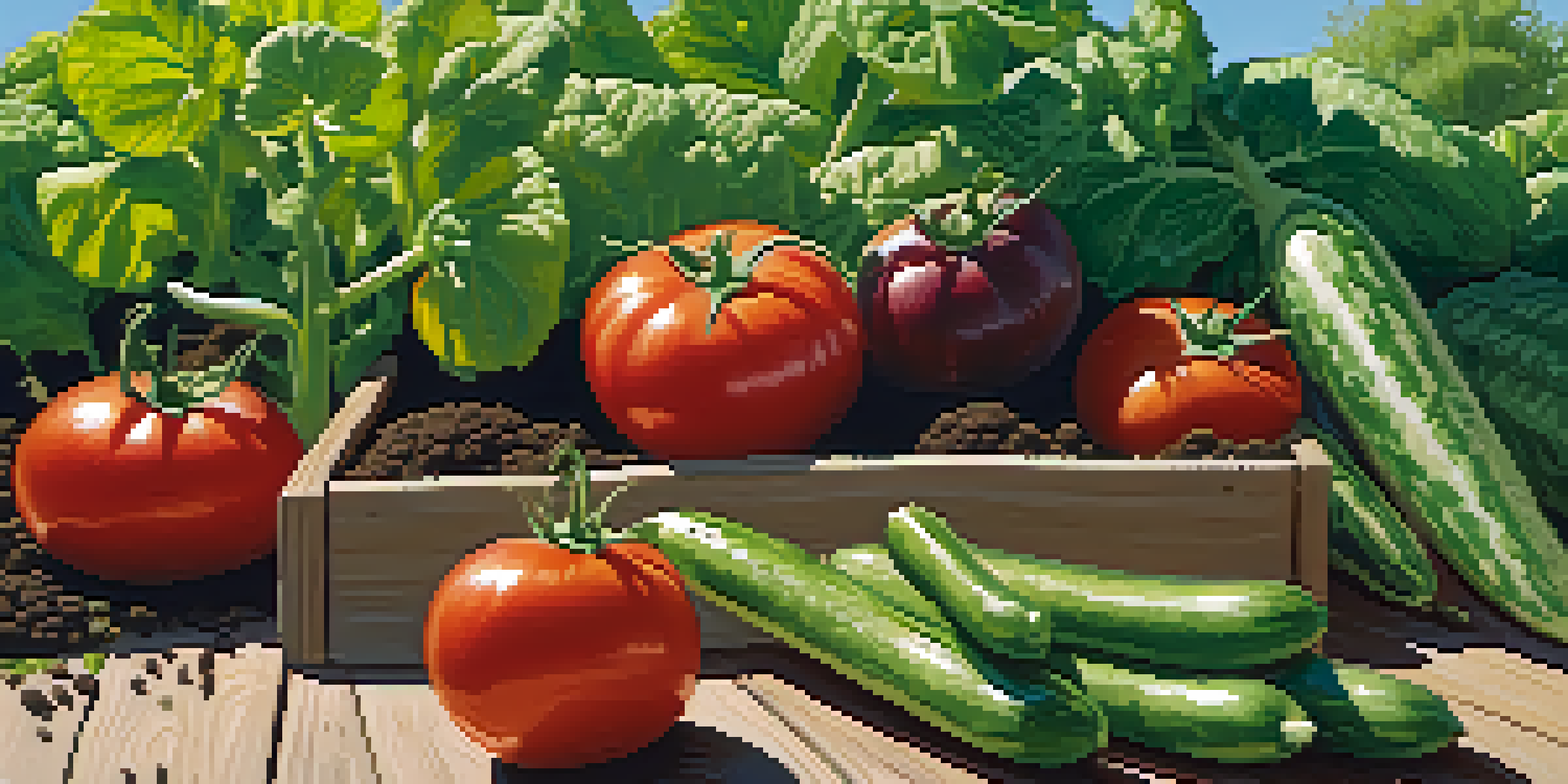 A colorful vegetable garden with different types of vegetables growing under a sunny sky.
