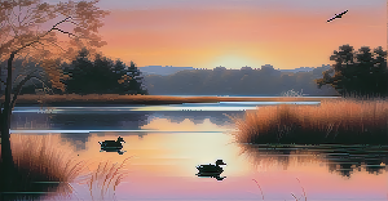 A tranquil lakeside view at sunset with colorful reflections on the water and silhouettes of trees.