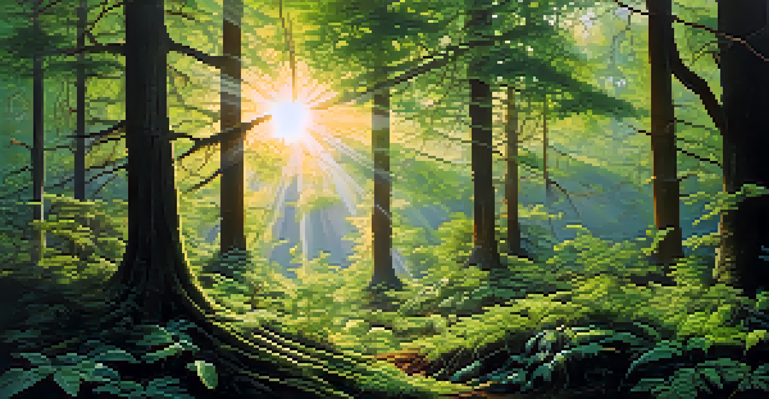 A forest with plants growing towards light and strong roots anchoring them in the soil.
