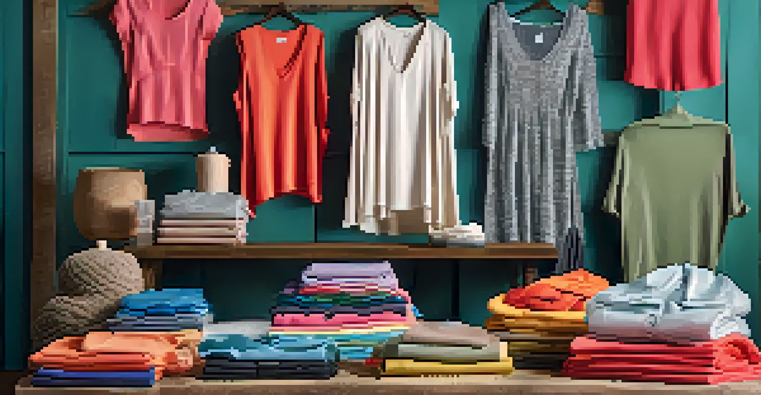 A collection of clothing made from soy fabric displayed on a wooden table, showcasing various colors and textures with a sustainability sign.