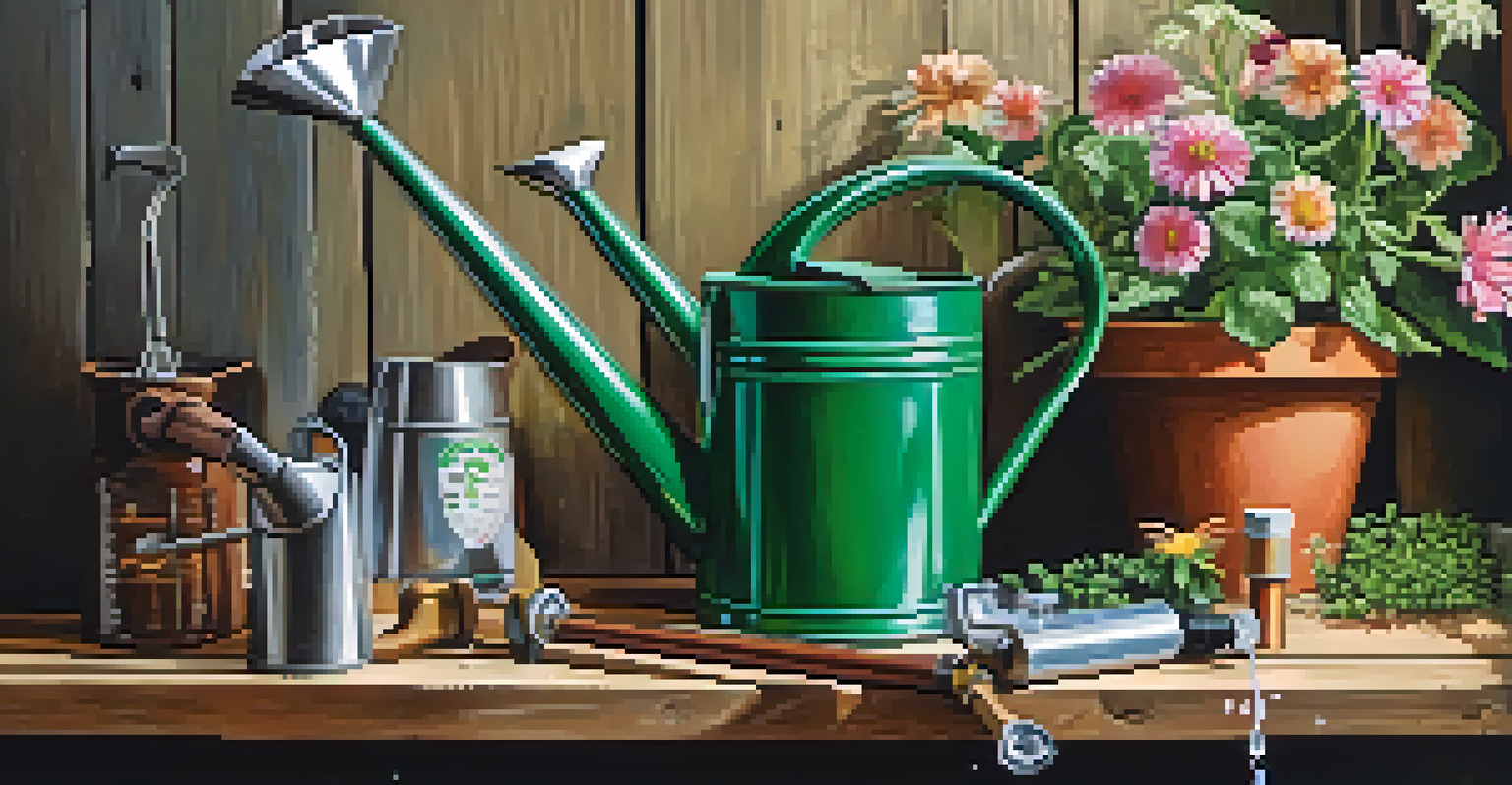 A collection of watering tools like a watering can and moisture meter on a wooden table, surrounded by various potted plants and flowers, creating a nurturing gardening atmosphere.