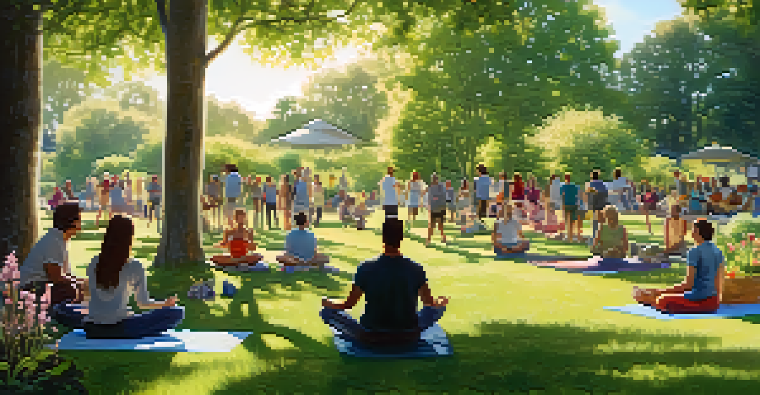 A community gathering in a green space with people doing yoga and picnicking, surrounded by flowering shrubs and trees under dappled sunlight.