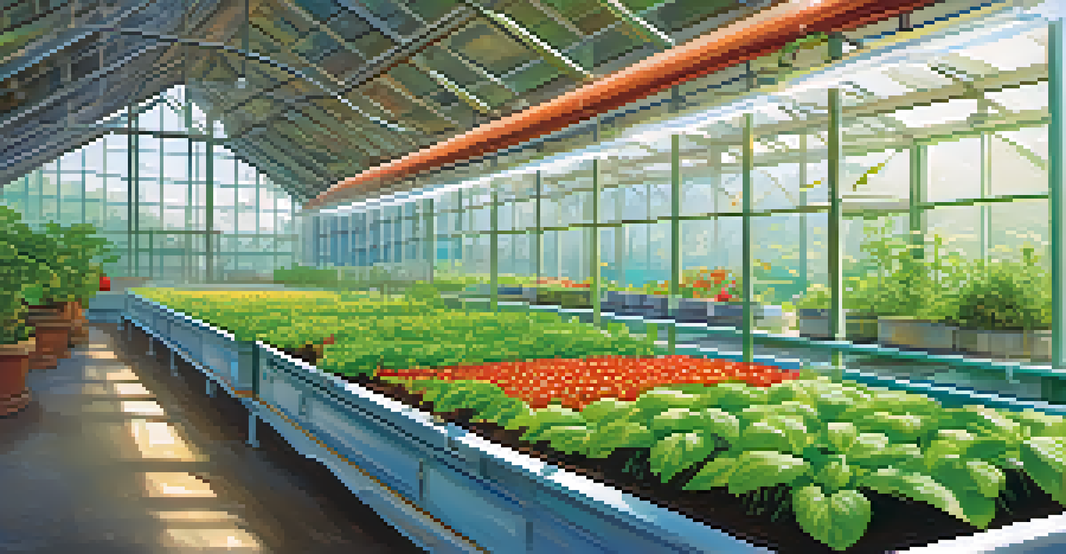 A greenhouse aquaponics system with plants and fish, showcasing a sustainable farming environment.