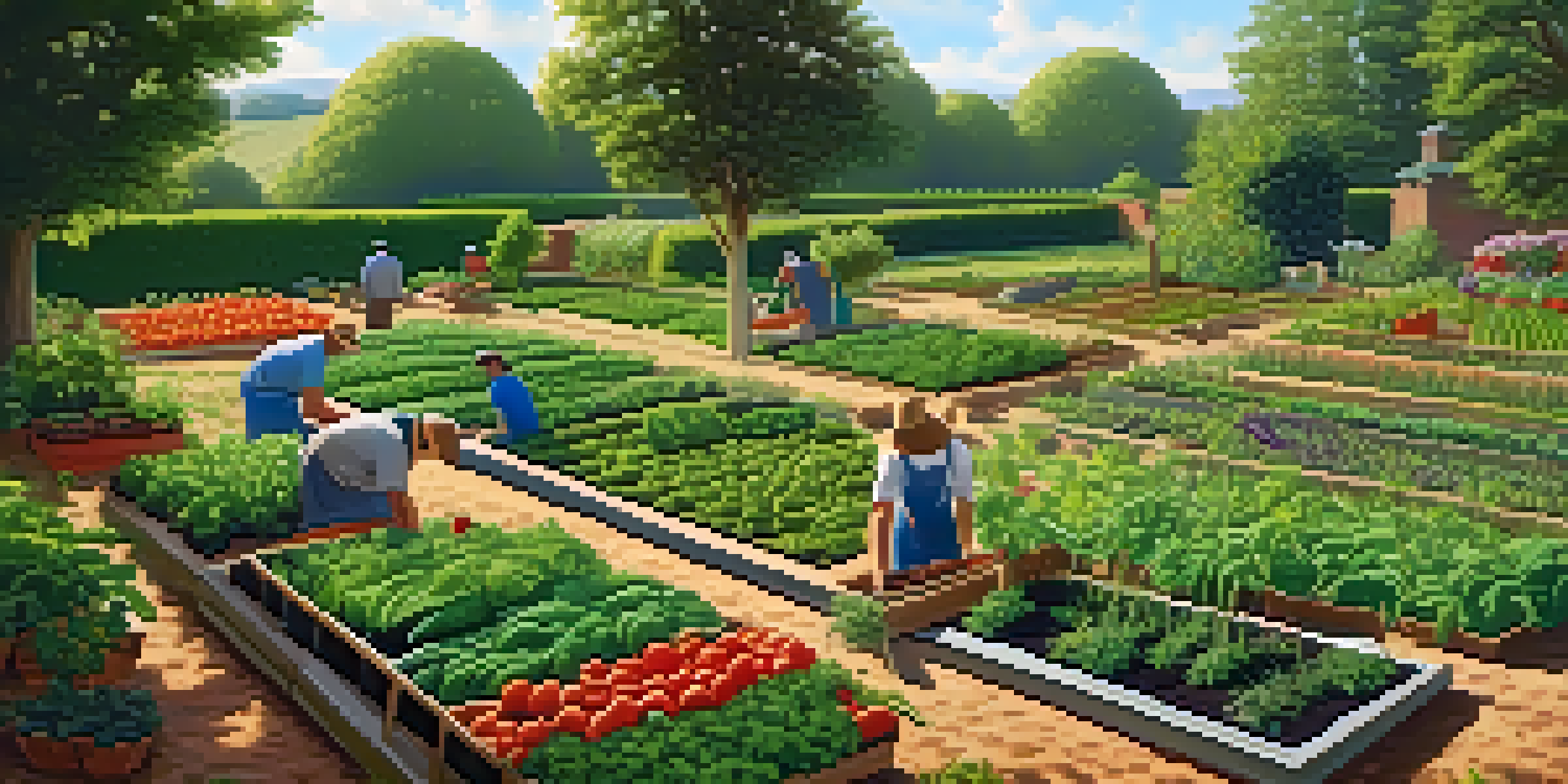 A colorful vegetable garden with different crops like tomatoes, beans, and carrots under warm sunlight, with a gardener tending to the plants.