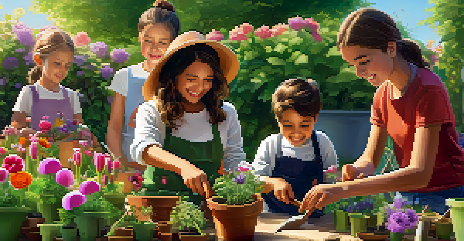 A family engaged in a gardening workshop, planting seeds with smiles and colorful plants in the background.
