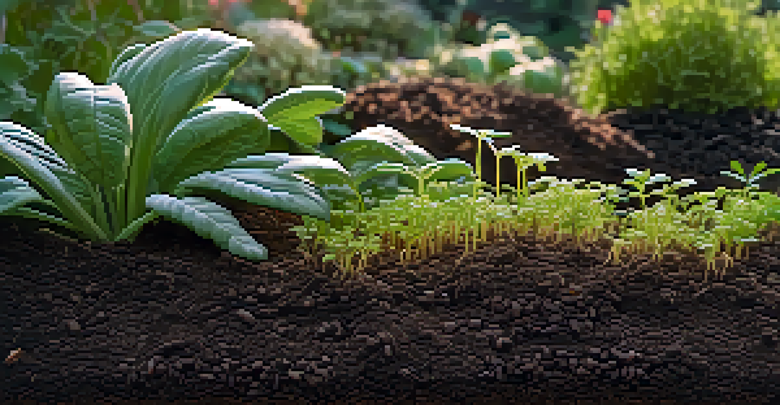 A detailed view of rich, healthy soil in a garden, showing compost layers and small plants, with sunlight highlighting the soil's texture.