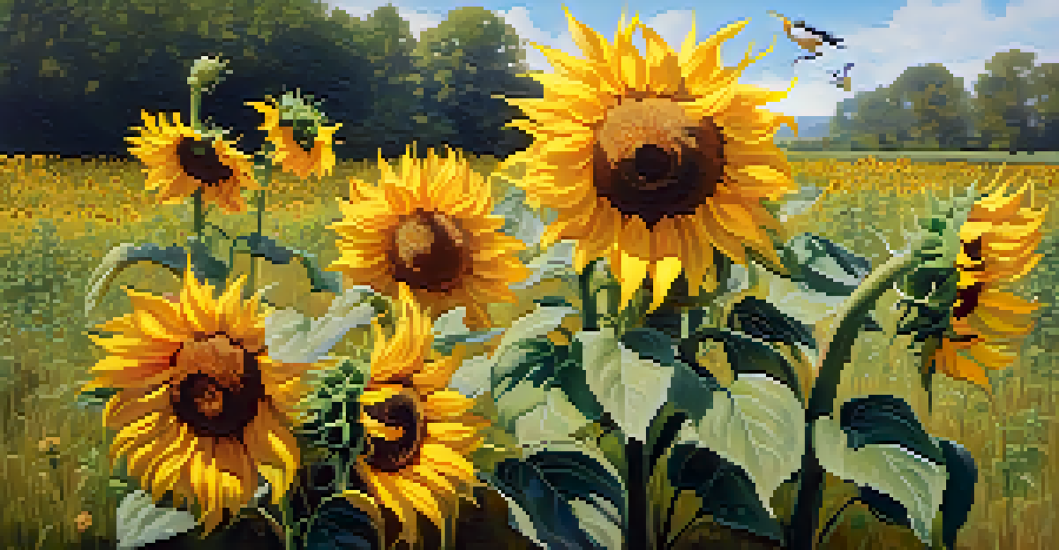 A garden of tall sunflowers with bright yellow petals under a clear sky.