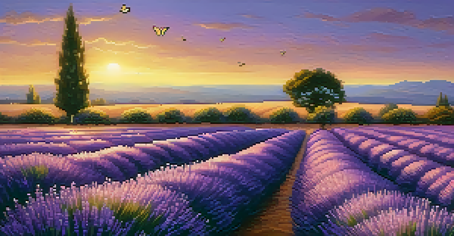 A peaceful lavender field in sunset light with butterflies flying around.