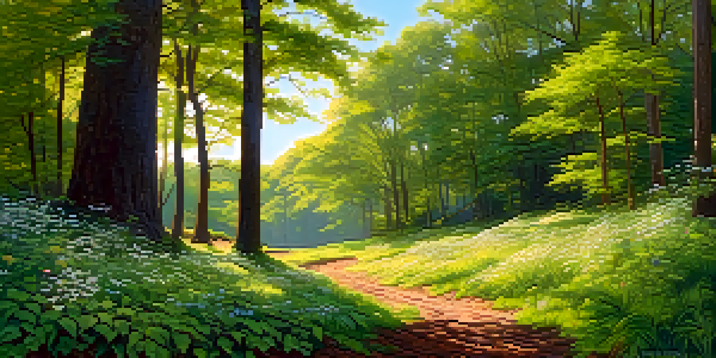 A peaceful forest scene filled with diverse native plants and trees, illuminated by soft sunlight under a clear blue sky.