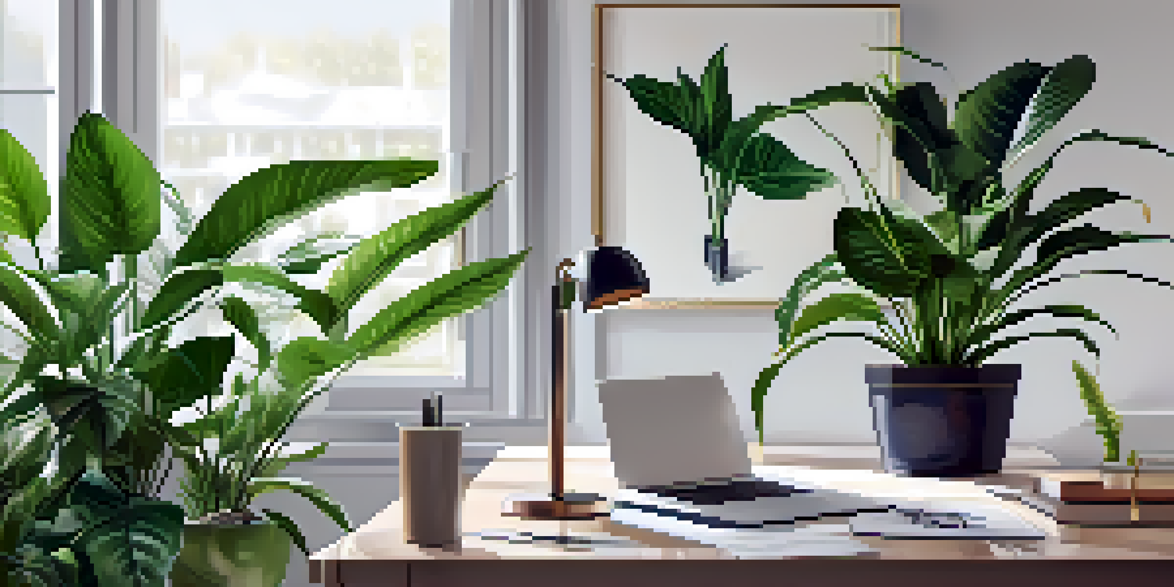 A stylish office desk featuring a Peace Lily and ZZ Plant, alongside a laptop, illuminated by bright daylight from a window.