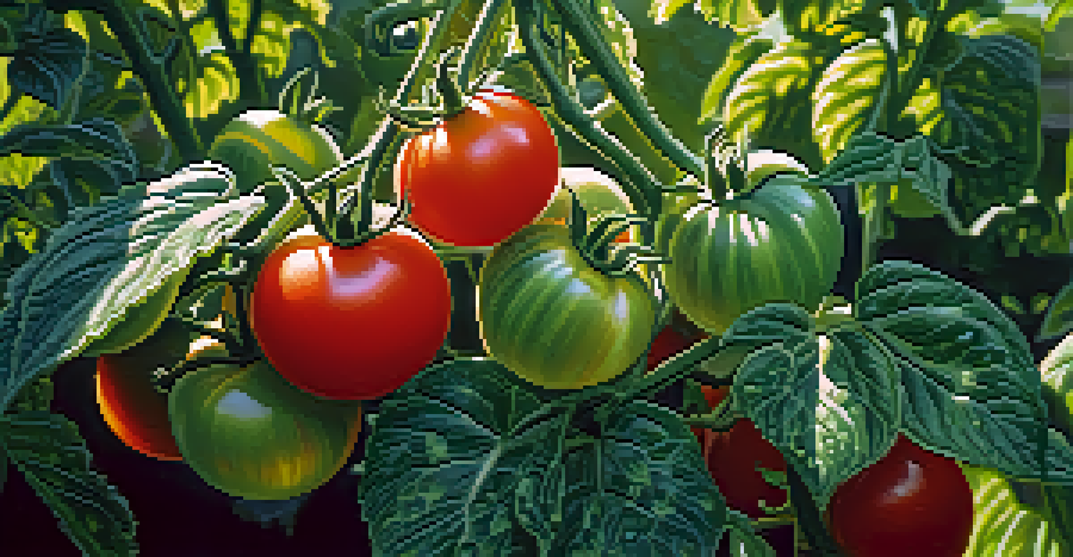 Close-up of a healthy tomato plant with ripe tomatoes and green leaves under dappled sunlight.
